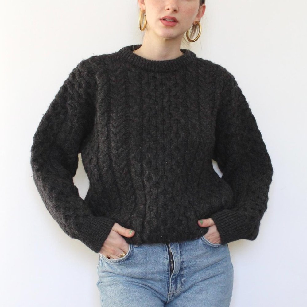 Vintage Wool Charcoal Heather Irish Fishermans Cableknit Sweater